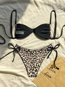 Swim Vcay Leopard Print V-Neck Sleeveless Sexy Regular Fit One Piece Spaghetti Strap Bikini Set With Side Tie Tankini Swim Bottom Spaghetti Strap Bikini Set, All-Season For Summer Beach Vacation