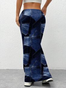 SHEIN EZwear Women Denim Effect Print Slim Fit Skirt Chic Dress - Dark Wash - View 2