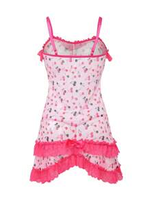 Notgurli 2 piezas Camisón sexy para mujeres con dobladillo con volantes en capas, lazo y decoración de cereza en color contrastante - Rosa - Ver 5