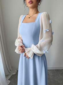 Modelyn 女式混合面料蝴蝶结装饰腰部收腰编织连衣裙 - 藍色 - 查看 3