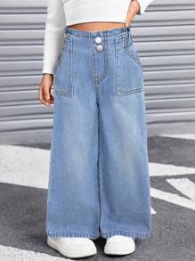 SHEIN Young Girl's Distressed High Waist Wide Leg Jeans - Light Wash - View 6