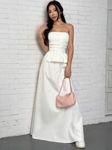 SHEIN EZwear Women's Summer Fashion Solid Color Ruched Tube Top & Extra Long Skirt 2pcs Set