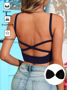 SHEIN VCAY 3pcs/Set Women's Casual Racerback Camisole With Built-In Bra, Black, White, Navy Blue, Suitable For Summer - Multicolor - View 8