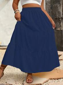 EMERY ROSE Plus Size Casual Solid Color Skirt Maxi Skirt - Navy Blue - View 5