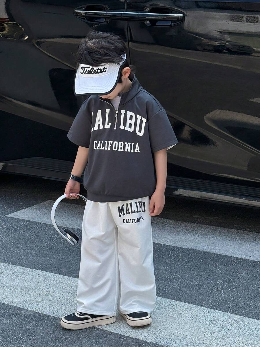 SHEIN Set 2 buc. Ținută sport casual pentru bebeluși băieți, tricou polo bleumarin cu imprimeu de litere și pantaloni cu talie elastică, vară - Multicolor - Vizualizare 1