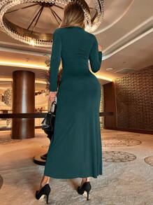 SHEIN Cottnline Women Solid Color Round Neck Long Sleeve Cut Out Ruffled Hem Side Slit Dress - Green - View 2