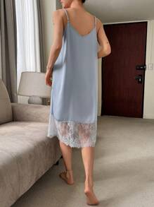 DAZY 纯色蕾丝拼布无袖吊带睡袍，适合夏季睡衣 - 藍色 - 查看 2