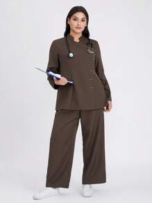 Scrubzie Set de 2 bucăți pentru femei, top și pantaloni, cu mânecă lungă, cu guler antirid