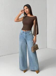 SHEIN PETITE Top corto informal de verano con detalle de hombros anudados