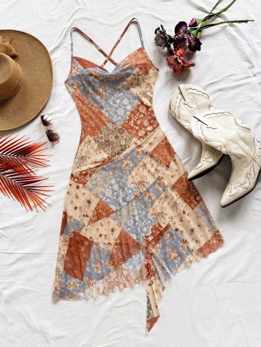 Soleia Asymmetrical Hem Draped Collar Vacation Cami Dress - Multicolor - View 1