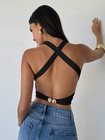 Aloruh Women's Backless Cross Straps Slim-Fit Cropped Sexy Camisole