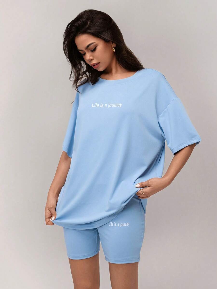 SHEIN Forever 21 Lässiges Damen Sommer, Tee-Party, Strand-Urlaub, Zuhause Casual blaues, weites, weißes Buchstaben-bedrucktes Oversized T-Shirt - Blau - Übersicht 1