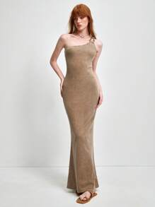 SHEIN LUNE Damen Neu Elegant Hochwertig Design Elastisch Rippstrick Bodycon asymmetrischer Ausschnitt Einschulter Maxikleid