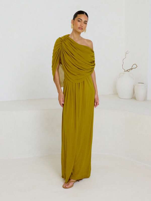 AiiRZ Draped One-Shoulder Maxi Gown Evening Formal Floor-Length Goddess Dress Special Occasion Wedding Guest Grecian Style Pleated Elegant Ball Gown