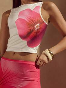 2pcs/Set Sleeveless Printed Tank Top & Fishtail Bodycon Skirt - Red and White - View 5