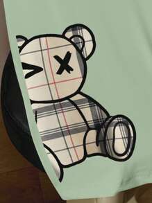 SHEIN PETITE T-shirt à manches courtes décontracté et douillet pour femme, imprimé à carreaux et d'ours, confortable pour le port à la maison, printemps/été - Vert menthe - Voir 7