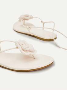 CUCCOO CHICEST Women's Woven Camellia Ankle Strap Square Toe Flat Sandals, Elegant And Romantic Casual White Knitted Ladies Flat Sandals For Afternoon Tea, Vacation, Beach And Hawaii Style