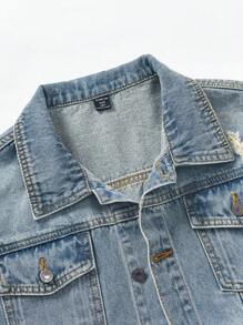 Tween Boy Casual Distressed Denim Jacket, School, Campus, College Chic Outfits For Autumn/Winter Fall - Medium Wash - View 5