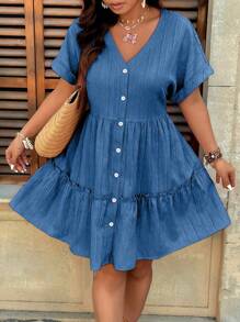SHEIN Holidaya Plus Size V-Neck Textural Drop Shoulder Flounce A-Line Midi Dress - Blue - View 3