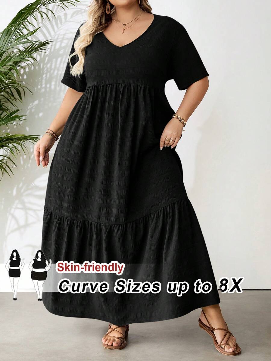SHEIN CURVE+ Plus Size Solid Color Super Long Dress For Beach/Vacation,Summer Outfits For Womenbeach Outfits For Woman/Beach Dress/Beach Vacation Outfits/Beach Essentials / Graduation/Tea Party Dress