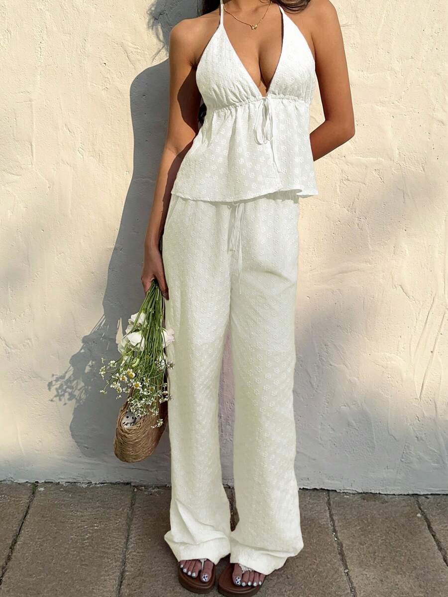 Sunnyshic Embroidered Halter Neck Top And Long Pants Beach Outfit - Apricot - View 1