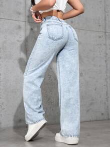 SHEIN PETITE Casual Washed Loose Straight Leg Jeans