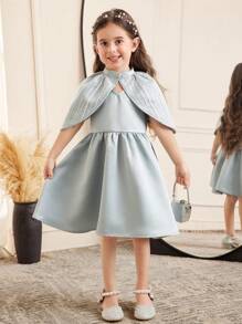Elegante Jacke für Kleine Mädchen mit bestickter Spitze und Strass-Verzierung, kombiniert mit einem rückseitigen V-Ausschnitt Satinkleid mit Schleifenakzent, geeignet für Hochzeiten, Partys, Feiertage