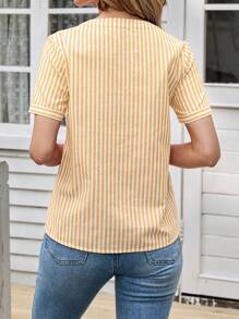 EMERY ROSE Women's Striped Print Notched Neck Casual Short Sleeve Blouse - Yellow - View 2