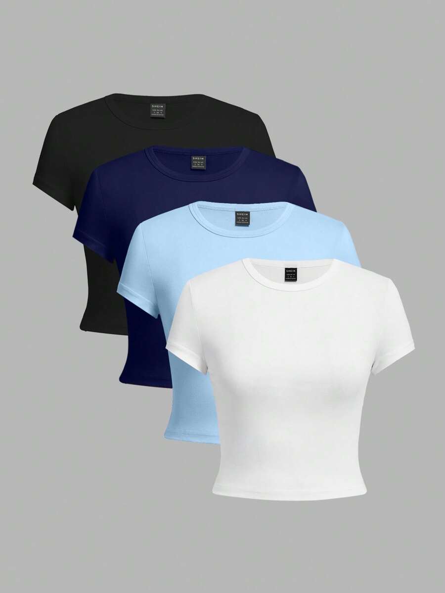 SHEIN EZwear 4pcs Casual Round Neck Short Sleeve Form-Fitting Women T-Shirts, Suitable For Summer Suitable For Going Out - Multicolor - View 1