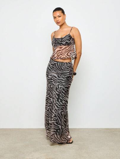 AiiRZ 女士斑马纹两件套透明吊带背心长裙搭配节日夏季海滩度假俱乐部派对晚装