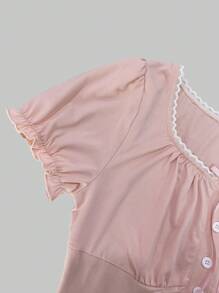 SHEIN 女式蝴蝶结装饰纽扣门襟短袖休闲 Y2k T 恤 - 粉色 - 查看 5