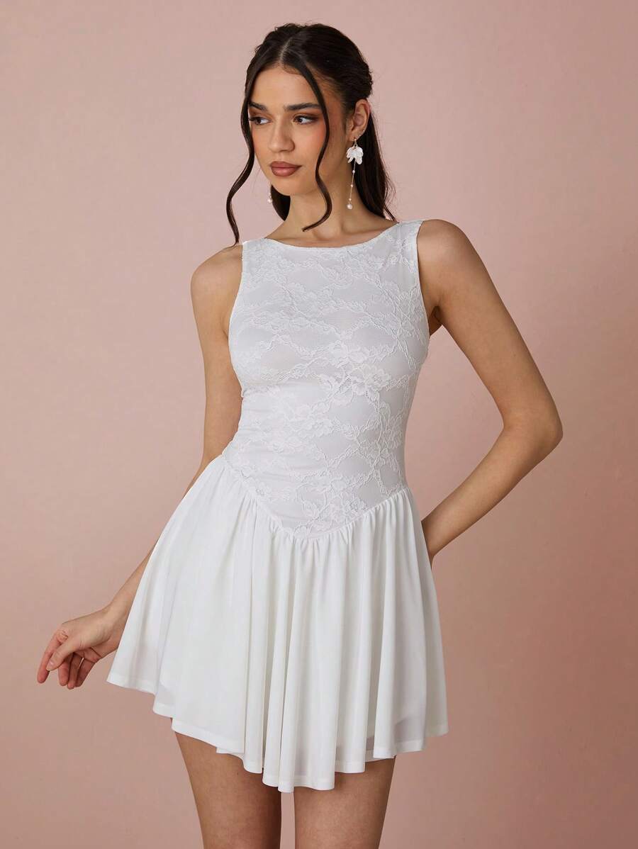 Enchnt Women's Elegant White Summer Lace Patchwork Backless Sleeveless Mini Dress, Back Strap Criss-Cross Sundress For Wedding,Date & Graduation - White - View 1