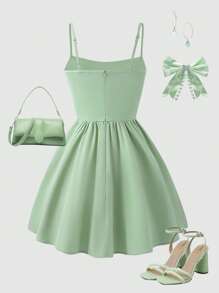 Sparklyn 少女纯色时尚褶饰荷叶边吊带连衣裙 - 綠色 - 查看 2