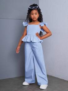 SHEIN Tween Girl 优雅编织纯色盖袖衬衫和长裤套装，休闲装 - 藍色 - 查看 5