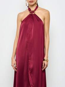 AiiRZ Elegant Halter Neck Satin Maxi Dress With Gold Hardware Detail Evening Gown High Slit Special Occasion Formal Wedding Guest Cocktail Party Floor Length