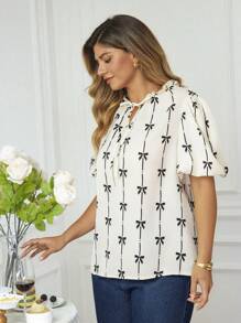 KURAYIA Plus Size Tie Collar Bow Print Lantern Sleeve Blouse - Apricot - View 5