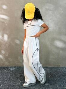 Coolane Kids Tween Girls 春夏街头风格女孩休闲套装，包含 T 恤和阔腿裤 - 白色 - 查看 1