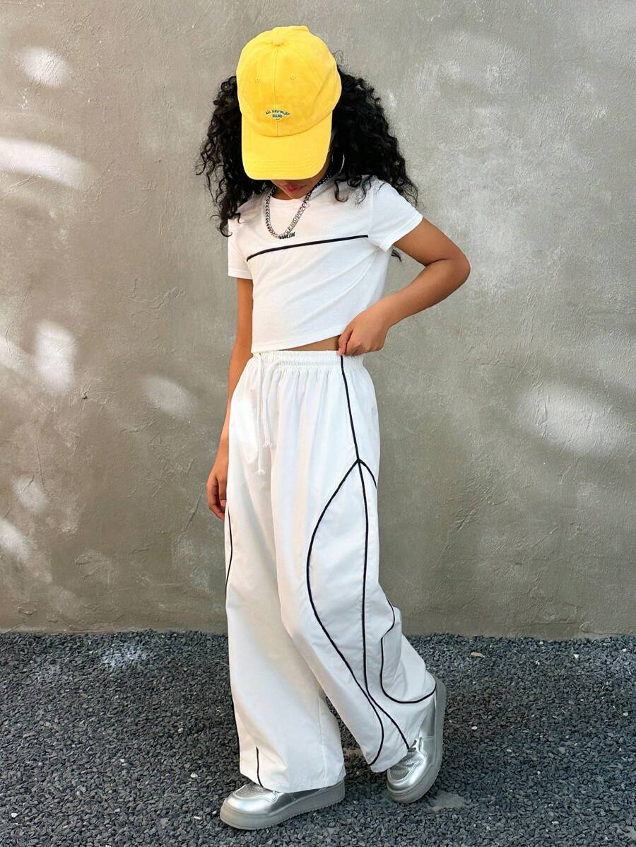 Coolane Kids Tween Girls 春夏街头风格女孩休闲套装，包含 T 恤和阔腿裤 - 白色 - 查看 1