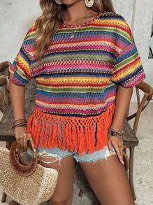 SHEIN VCAY Plus Size Women Colorful Stripe Round Neck Tassel Hem Loose T-Shirt - Multicolor - View 1