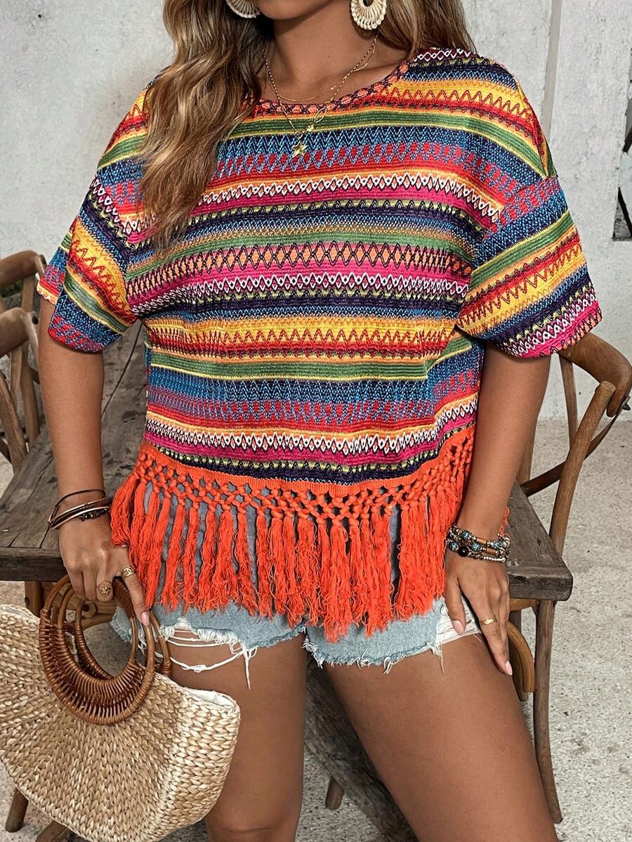 SHEIN VCAY Plus Size Women Colorful Stripe Round Neck Tassel Hem Loose T-Shirt - Multicolor - View 1
