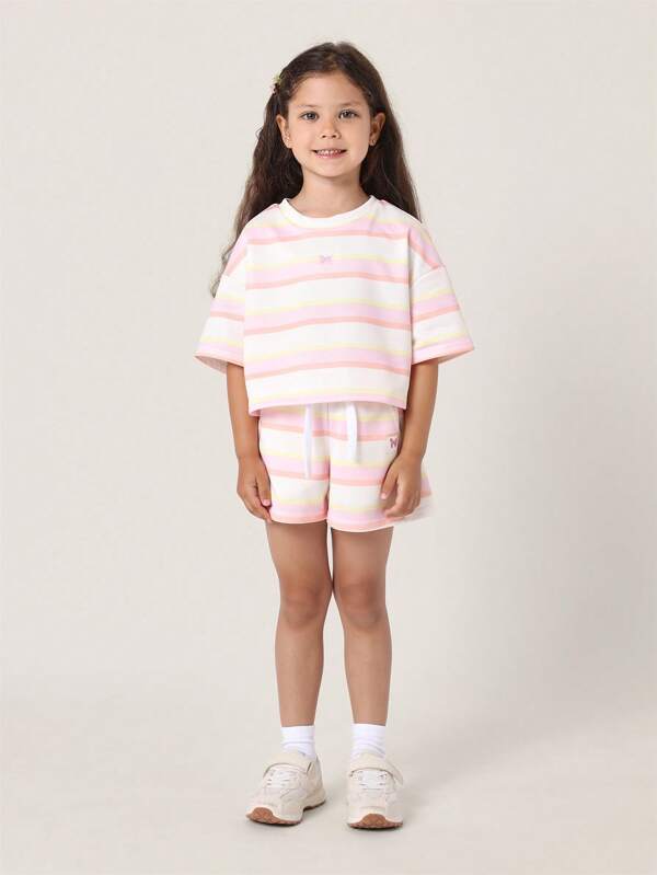 SUMWON Summer Butterfly Striped Co-Ord Set Modern Short Sleeve T-Shirt Shorts Loungewear Two Piece Matching Set Girls Casual Outfit