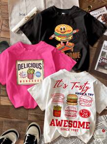 SHEIN 3pcs/Set Casual Minimalist Cartoon Pattern T-Shirts For Young Girls, Suitable For Summer