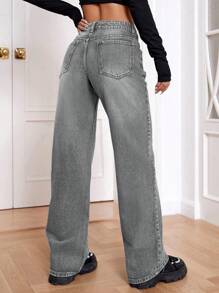SHEIN EZwear 女士口袋装饰宽腿宽松休闲百搭牛仔裤 - 灰色 - 查看 2