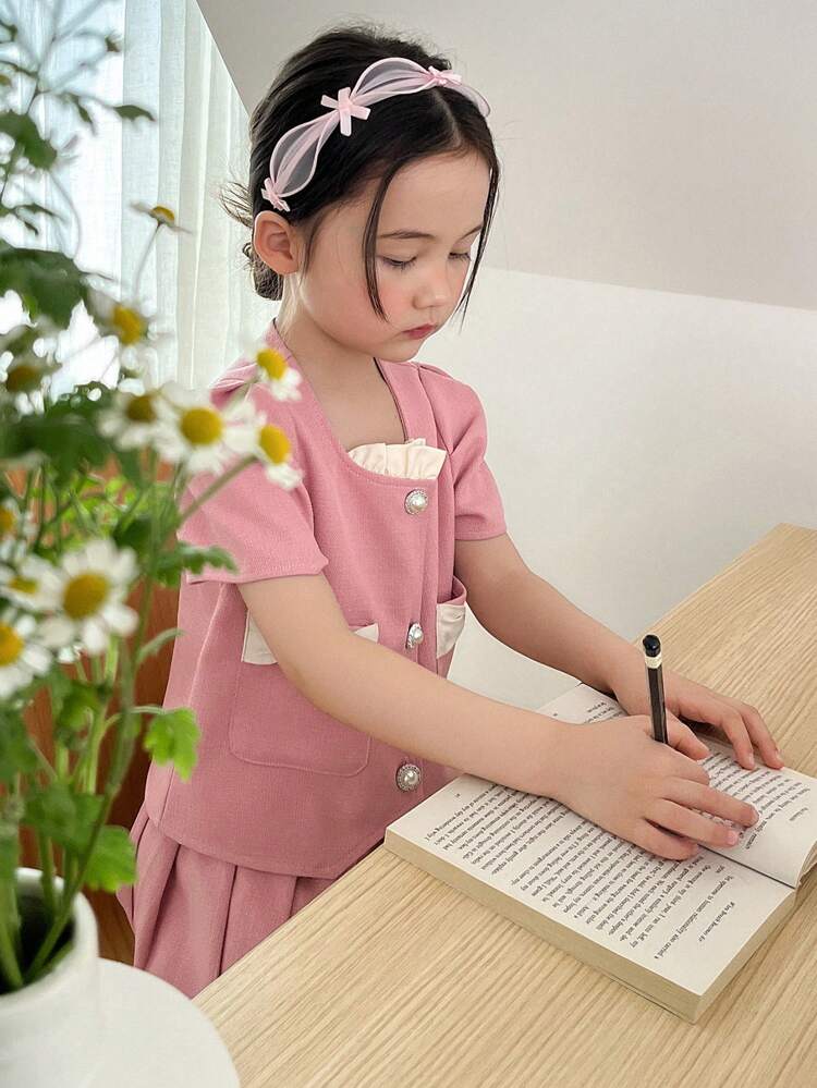 2pcs/Set Young Girl Summer Elegant Puff Sleeve Bow Decor Blouse And Pleated Skirt Set
