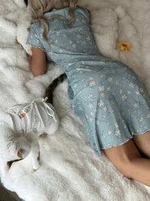 CottageSlumber Lace Patchwork Square Neck Double Button Ditsy Floral Knit Short Sleeve Nightgown Perfect Summer - Multicolor - View 3