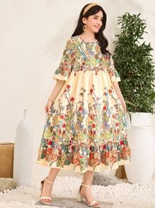 SHEIN Teen Girl Woven Print Shift Dress - Apricot - View 4