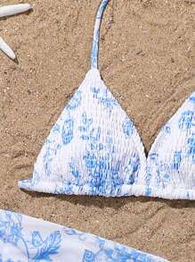 3pcs/Set Tween Girls Swimsuit With Floral Pattern, Including Swimsuit, Mesh Triangle Shawl, And Skirt - Multicolor - View 3