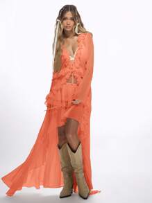 MISSGUIDED Sheer Ruffle Longline Blouse Festival Summer Beach Cover Up Flowing Party Asymmetric Boho Top Cottage Core Tie Front - Orange - View 4