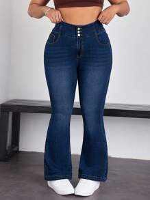 SHEIN EZwear Plus Size Women Pocket Flared Casual Versatile Denim Jeans - Dark Wash - View 1