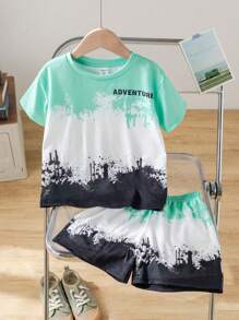 SHEIN 2pcs Set Young Boys Casual Comfortable Versatile Splatter Paint Print Short Sleeve Top & Shorts Set, Suitable For Spring & Summer - Multicolor - View 7